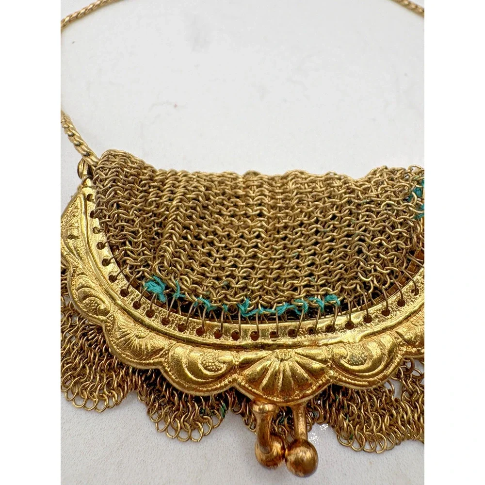Antique Gilt Chainmail Mesh Coin Purse Evening Bag Vintage Kiss Lock 1940s Gold